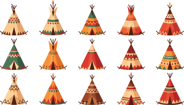 Collection of colorful teepee and wigwam vectors with tribal patterns and geometric designs for cultural education and camping themes