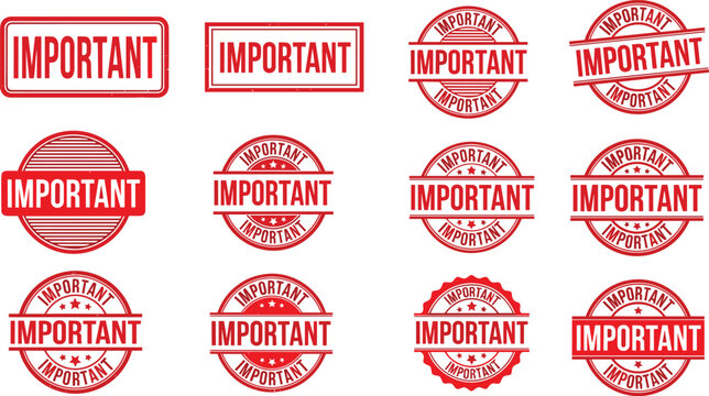 Set of red important rubber stamp vectors with circular badges and rectangular frames for office document processing and business paperwork