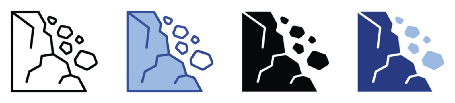 Rockslide warning icon set depicting falling rocks from a cliff for natural disaster safety alerts