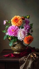Fototapeta premium A vase with colorful flowers on a wooden table