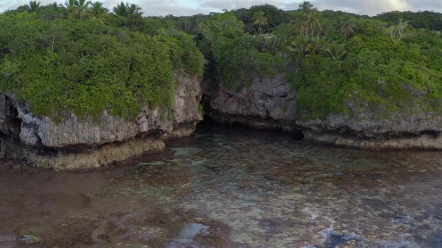 Aerial Drone View of Waves Breaking on Tropical Coast in Niue
