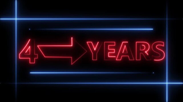 Arrow line 4 years neon light red color animation dynamic text. Rectangle from line 4 years warranty label badge design on  black background.