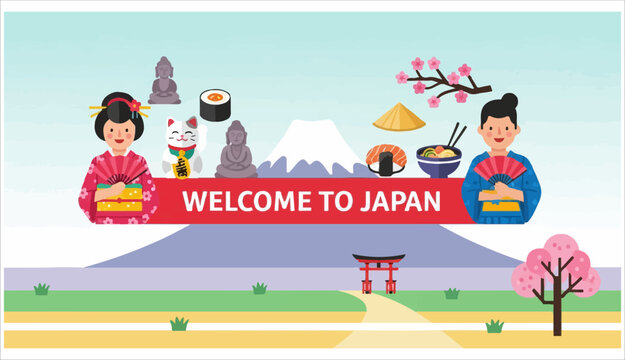 Welcome to Japan banner design with traditional cultural icons and scenic mountain background for travel agency or website header illustration