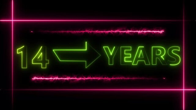 Abstract count 14 -years neon bright sign lime green color animation. Neon great celebrates year animation 4k video.