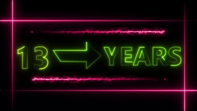 Abstract count 13 -years neon bright sign lime green color animation. Neon great celebrates year animation 4k video.