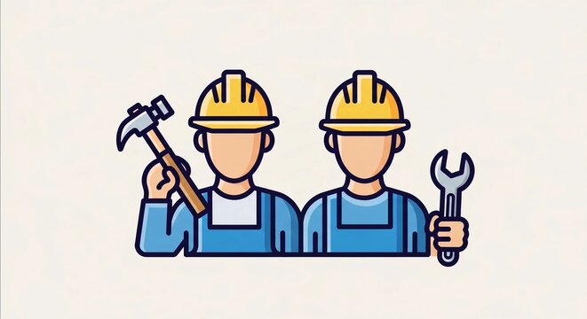 A flat design illustration featuring two cartoon-style construction workers ready for a project. This image is ideal for concepts related to building, repair, industry, and collaborative efforts in ma