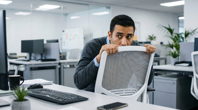 Stressed young employee looking nervous and hiding behind an office chair in a corporate workplace representing anxiety and burnout at work