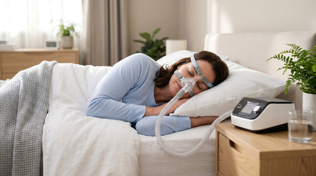 Peaceful woman sleeping comfortably in bed at home wearing a CPAP mask connected to a respiratory therapy machine for treatment of sleep apnea and snoring issues