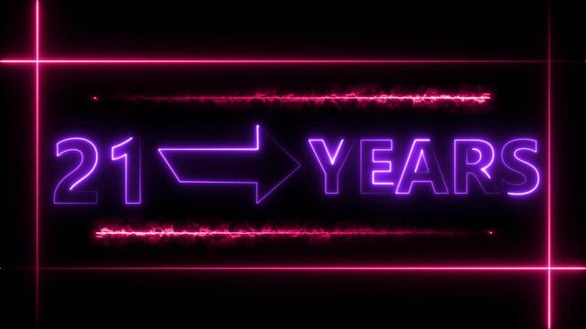 Arrow line 21 years neon light purple  color animation dynamic text. Rectangle from line 21 years warranty label badge design on  black background.