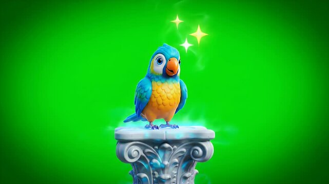 A charming blue and yellow pixelated parrot stands proudly on a decorative pedestal surrounded by glowing magical particles and