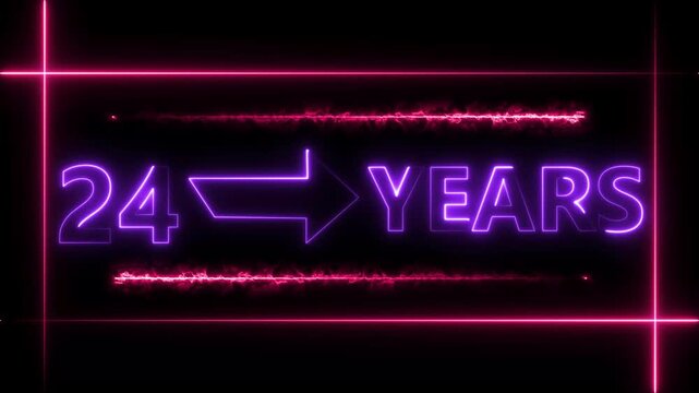 Arrow line 24 years neon light purple  color animation dynamic text. Rectangle from line 24 years warranty label badge design on  black background.
