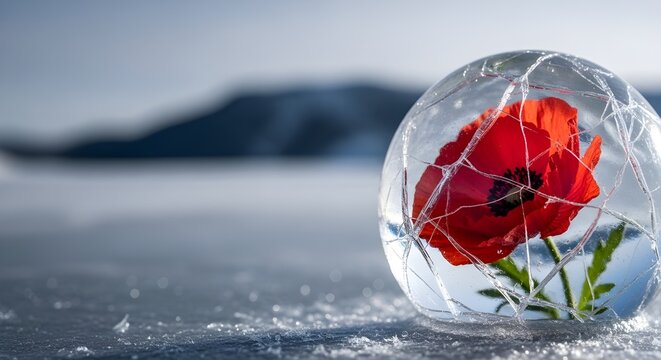 Crimson Resilience: Wild Poppy Encased in Arctic Bio-dome