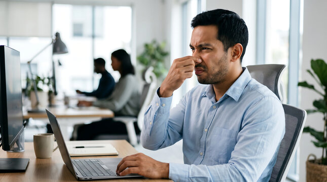Man in office reacting to bad smell holding his nose while working on laptop representing unpleasant workplace environment or office sanitation issue
