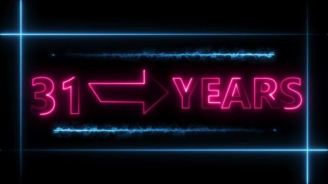 Arrow line 31 years neon light magenta red  color animation dynamic text. Rectangle from line 31 years warranty label badge design on  black background.