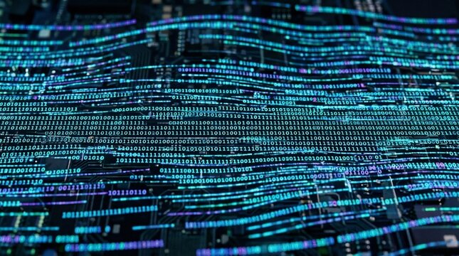 Abstract digital network with flowing binary code, futuristic data stream, and vibrant teal hues.