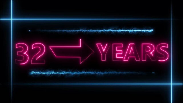 Arrow line 32 years neon light magenta red  color animation dynamic text. Rectangle from line 32 years warranty label badge design on  black background.