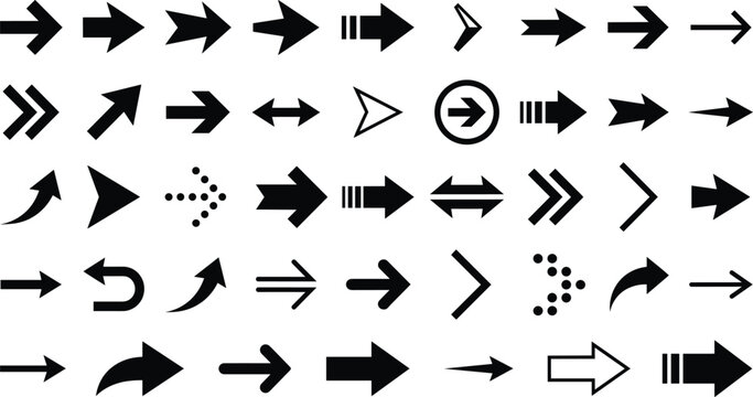 Collection of black arrow icons on transparent background for design and navigation purposes.