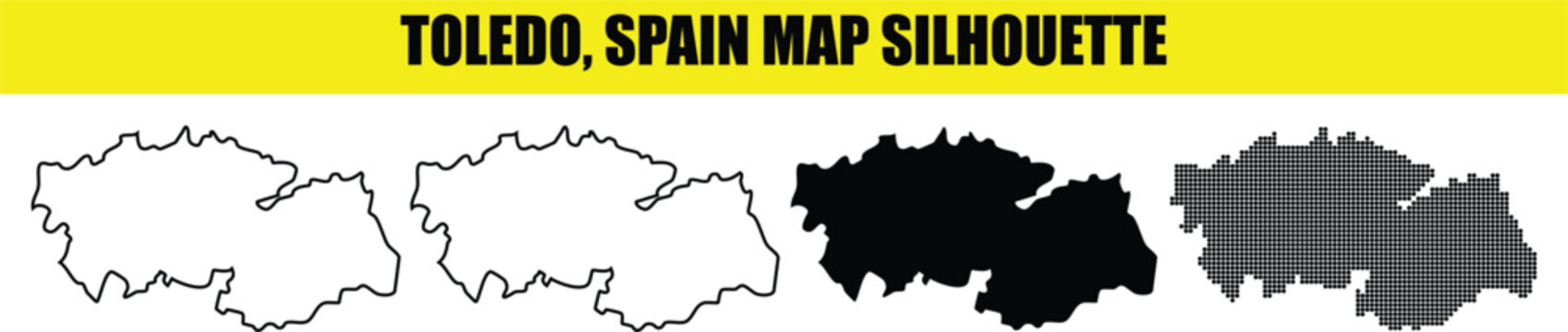 Toledo spain map silhouette vector set with white filled outline and black halftone style versions on checkered background.