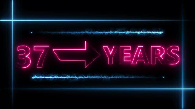 Arrow line 37 years neon light magenta red  color animation dynamic text. Rectangle from line 37 years warranty label badge design on  black background.