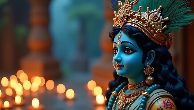 A highly detailed idol of Lord Krishna with peacock feather crown, glowing blue aura, intricate jewelry, soft cinematic lighting, blurred temple background with diyas
