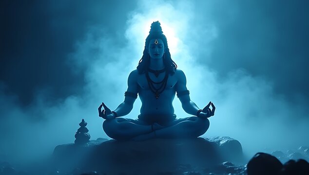 A powerful Shiva idol in deep meditation, surrounded by subtle cosmic energy, trishul beside, cool blue tones with mist and glowing highlights
