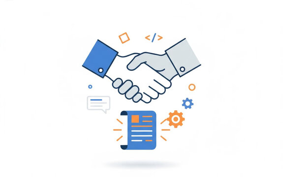 Strategic business partnership and technology agreement vector illustration, symbolizing successful collaboration, deal finalization, and digital project development