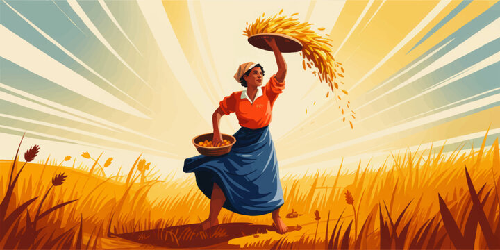 Female farmer winnowing grain in golden field at sunrise, vibrant rural harvest illustration with dynamic sun rays