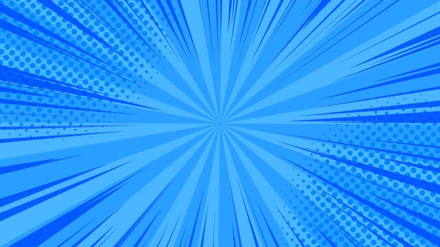 Blue sunburst line abstract background with cartoon comic speed radial lines and halftone circle dot texture