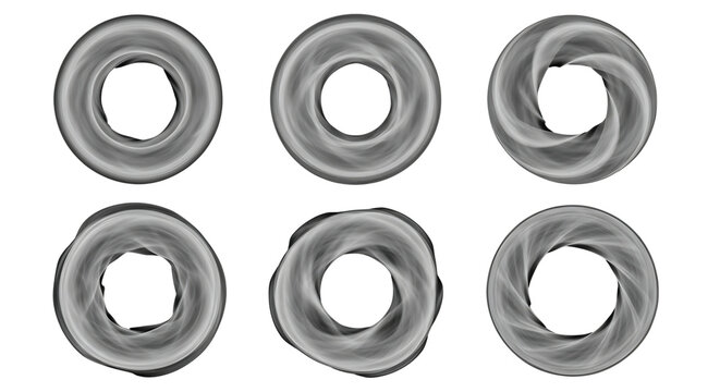 Six abstract toroidal shapes with swirling patterns, presented in a 2x3 grid against a white background.