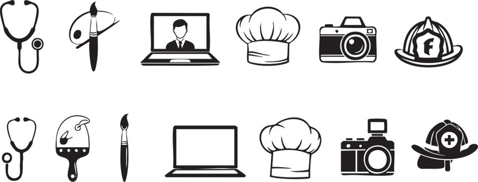 A collection of black and white icons representing various professions