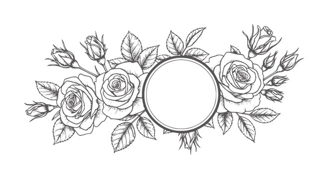 Black and white of roses and leaves framing a circular space floral frame border
