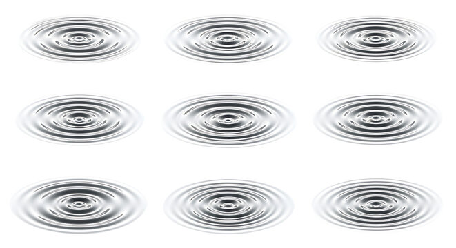 Nine sets of concentric ripples or waves, resembling water disturbances or sound vibrations, arranged on a white background.