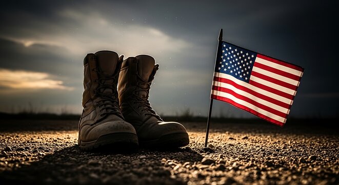 A solemn tribute weathered military boots stand beside a gently waving American flag, evoking themes of service, sacrifice, and patriotism under a dusky sky