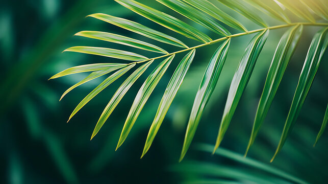 Close-up of a vibrant green palm frond with a blurred jungle background.
