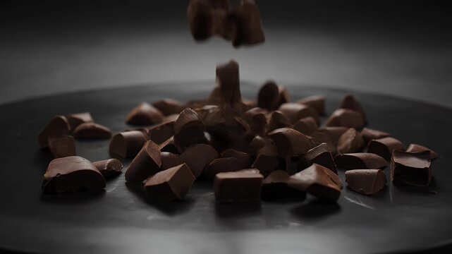 Chocolate pieces falling on plate.