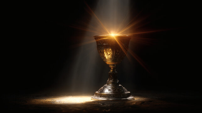 Chalice with light shining from within in dark environment, symbolic sacred object