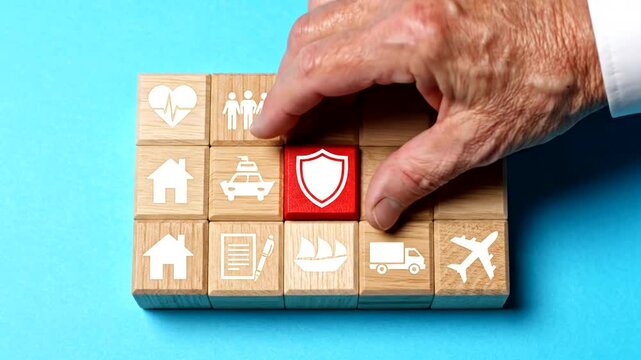 Hand placing shield icon on wooden blocks representing insurance coverage types.