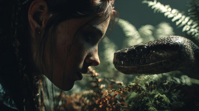 Close scene of serpent offering fruit to Eve with glowing light and rich vegetation