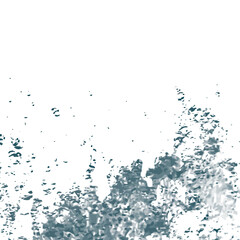 Fototapeta premium A vibrant blue water splash with transparent liquid drops and watercolor ink splats forms a clean artistic design pattern isolated on a white background