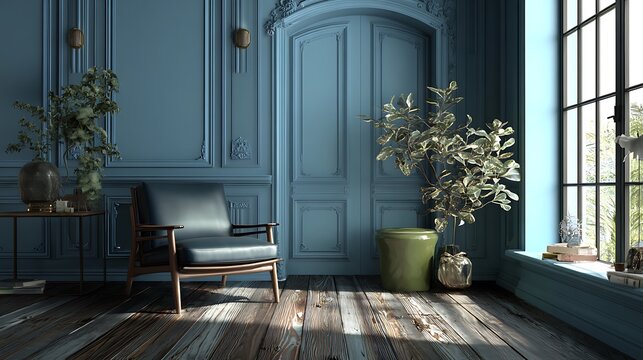 A chic and contemporary living room interior with an empty dark blue wall mockup, a comfortable brown leather armchair, a stylish side table