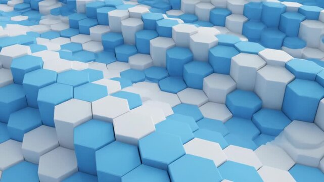 Abstract 3D render of white and blue hexagonal columns arranged in a geometric pattern. The hexagons have varying heights creating an undulating, wave-like surface.