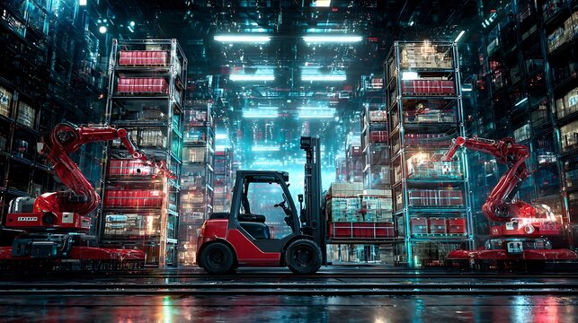 Automated warehouse interior with agv robots and drones carrying cardboard boxes on shelves for logistics distribution- 3D rendering