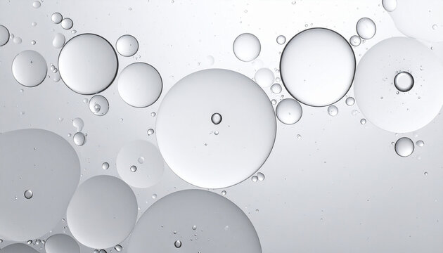 Clean abstract macro background of transparent oil bubbles in white and silver tones.