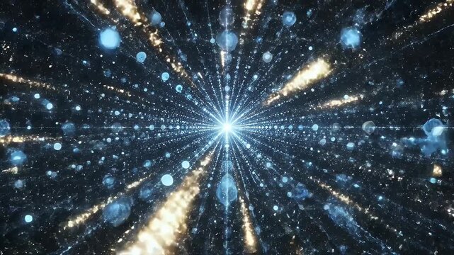 A vibrant, abstract depiction of a cosmic explosion or singularity radiates outwards into a dark, star-filled expanse, creating a mesmerizing visual effect.
