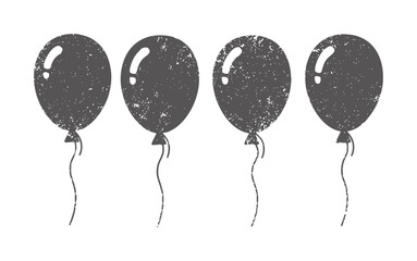 Four dark grey textured balloons with strings white © Musfiqur