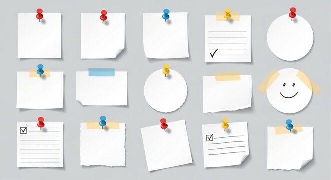 Collection of assorted blank paper notes and sticky notes pinned on a gray background.