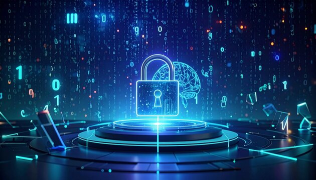 A cinematic high-tech visualization of a cybersecurity firewall protecting a digital database. Central focus on a glowing 3D shield icon made of light pixels, surrounded by complex floating computer c