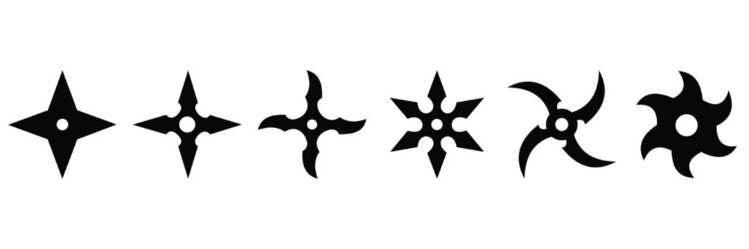 Japanese Shuriken Ninja Star Icon Set &ndash; Traditional Martial Arts Throwing Weapon Silhouette Collection in Outline and 
Solid Styles for Game and UI Design Vector Illustration