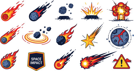 Asteroid Impact and Space Hazard Vector Icon Set with Flaming Meteorites © ABDUL HAKIM