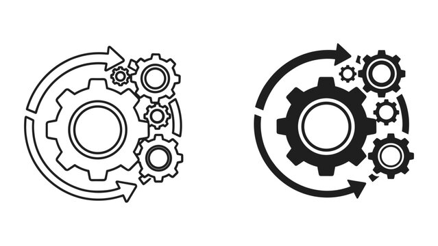 Black and white gear icons with circular arrows for business or technology concepts